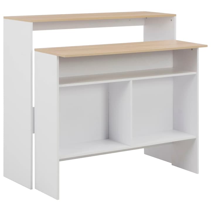 Двойна бар маса vidaXL, Със странични рафтове, ПДЧ, 130 x 40 x 120 см, Бял/Кафяв