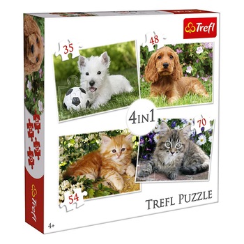 Puzzle 4 in 1, 207 piese, model animale de companie, multicolor Puzzle 4 in 1, 207 piese, model animale de companie, multicolor