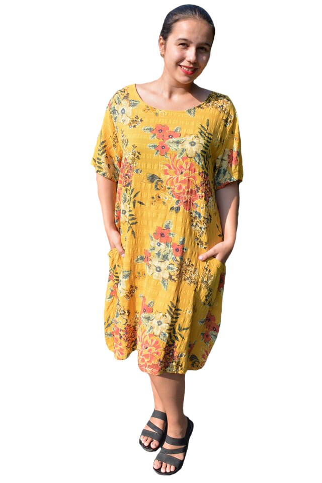 Rochie Fabia, din bumbac, imprimeu floral, D&J Exclussive, Galben