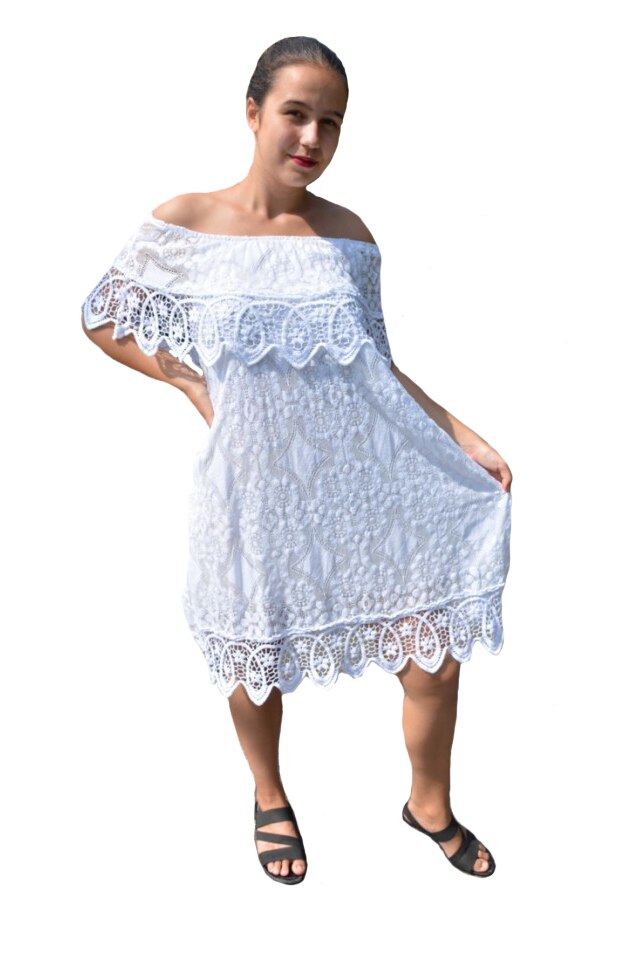Rochie Julia, din bumbac, cu broderie si dantela, D&J Exclussive, alb, Alb