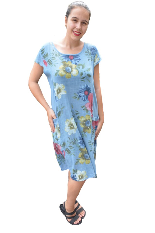 Rochie Merle, din bumbac, imprimeu cu flori, D&J Exclussive, Albastru