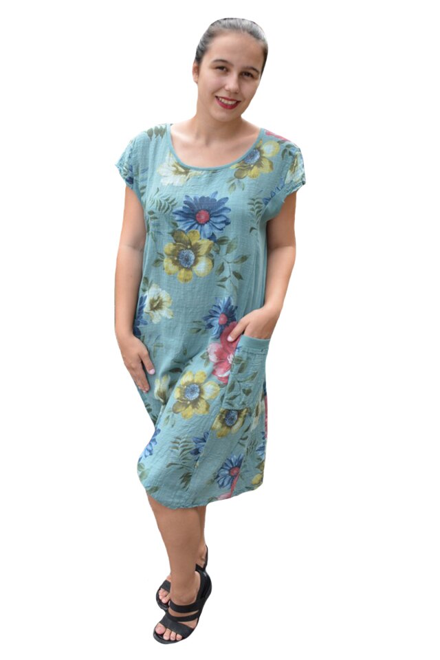 Rochie Merle, din bumbac, imprimeu cu flori, D&J Exclussive, Verde