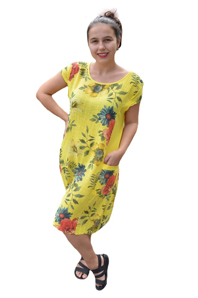 Rochie Merle, din bumbac, imprimeu cu flori, D&J Exclussive, Galben
