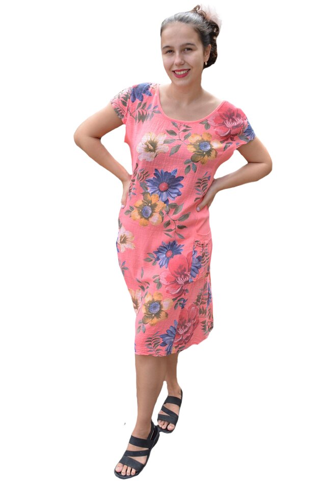 Rochie Merle, din bumbac, imprimeu cu flori, D&J Exclussive, Corai