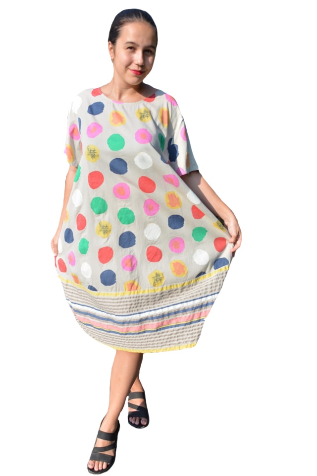 Rochie Ruenilde, imprimeu cu buline colorate, D&J Exclussive, Crem