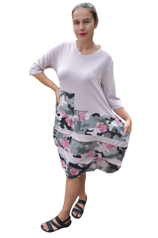 Rochie Bete, imprimeu army cu trandafir, D&J Exclussive, Alb