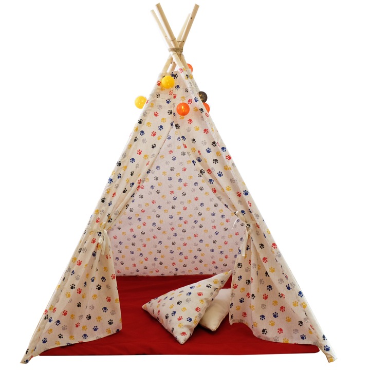 Set cort copii, Cort + Saltea rosie + 2 Pernute + Ghirlanda cu luminite, Loofy Teepee Paws