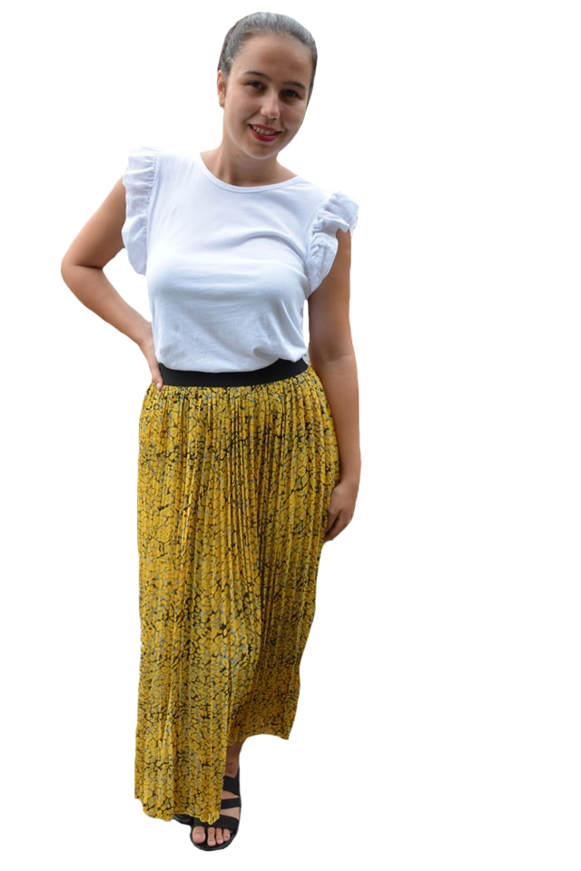 Fusta Eveline, cu imprimeu rafinat, plisata, D&J Exclussive, Galben