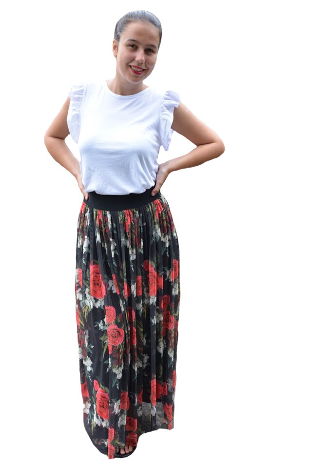 Fusta Eveline cu imprimeu baroc, motive chains, D&J Exclussive, Negru/Rosu