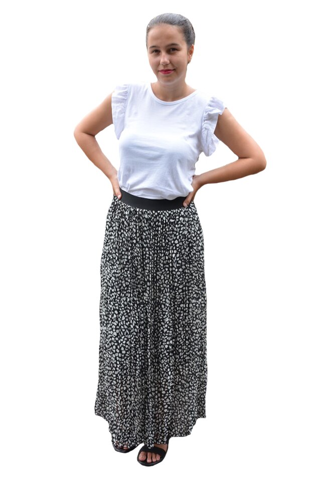 Fusta Eveline, cu imprimeu rafinat, plisata, D&J Exclussive, Negru-Alb