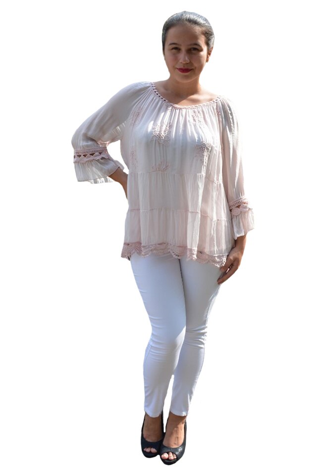 Bluza Anastasia rafinata cu insertii fine de dantela ,D&J Exclussive, pudra