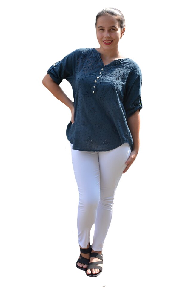 Bluza de vara tip camasa Jeniffer ,model cu broderie si paiete ,D&J Exclussive, Albastru marin