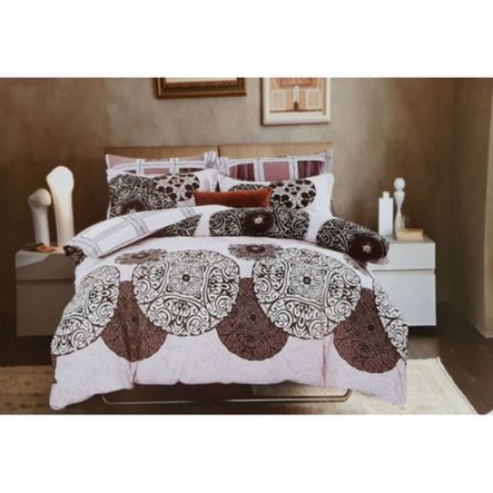 Lenjerie de pat ,Pucioasa, pentru 2 persoane ,bumbac finet, 6 piese, Maro cu imprimeu