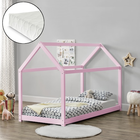 Pat copii Arti cu saltea, en.casa, 90 x 200 cm, lemn de brad/spuma rece, stabil/antilargica/rezistenta la uzura, roz mat lacuit, design casuta