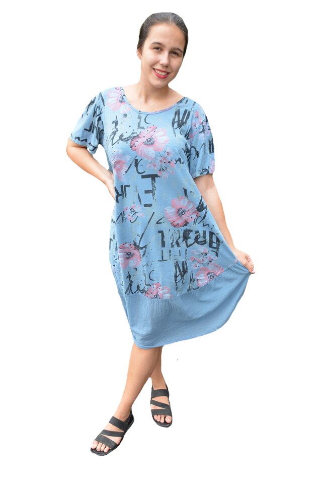 Rochie Agnette, din bumbac, imprimeu floral, D&J Exclussive, albastru, Albastru