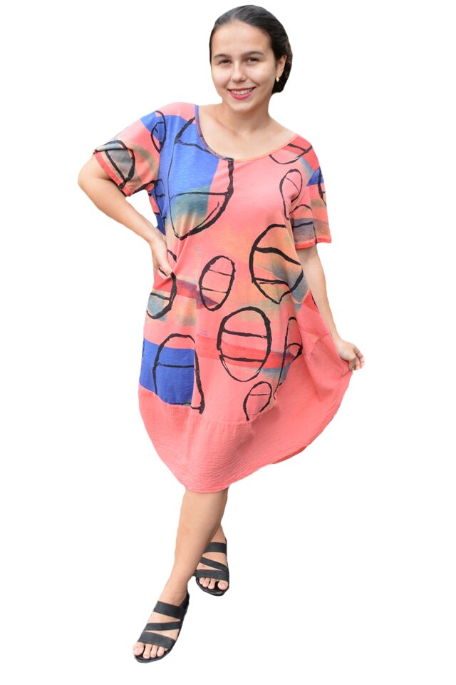 Rochie Agnette, din bumbac, model cu cercuri, D&J Exclussive, Corai