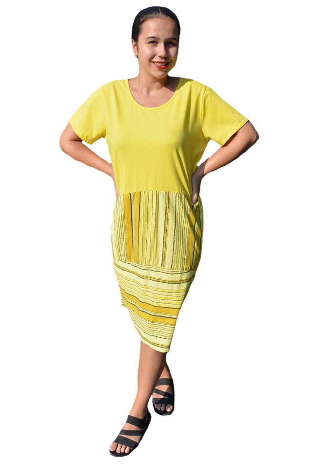 Rochie Martina, din bumbac, imprimeu dungi, D&J Exclussive, Galben