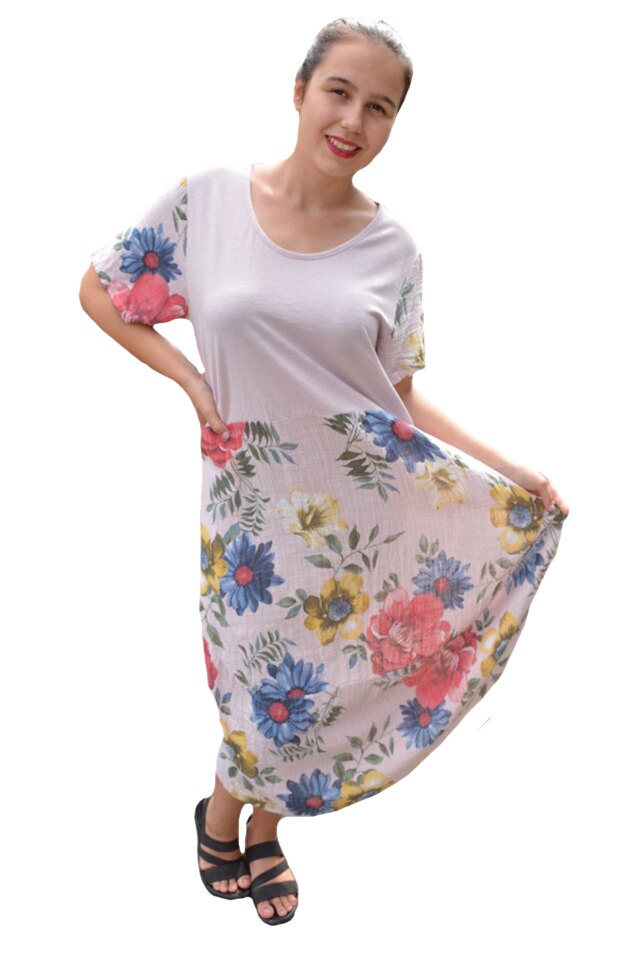 Rochie Hodierna, din bumbac, imprimeu cu floral, D&J Exclussive, Roz