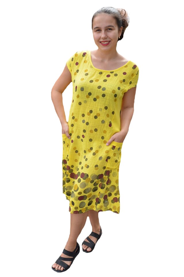 Rochie Gieda, din bumbac, imprimeu cu buline, D&J Exclussive, Galben