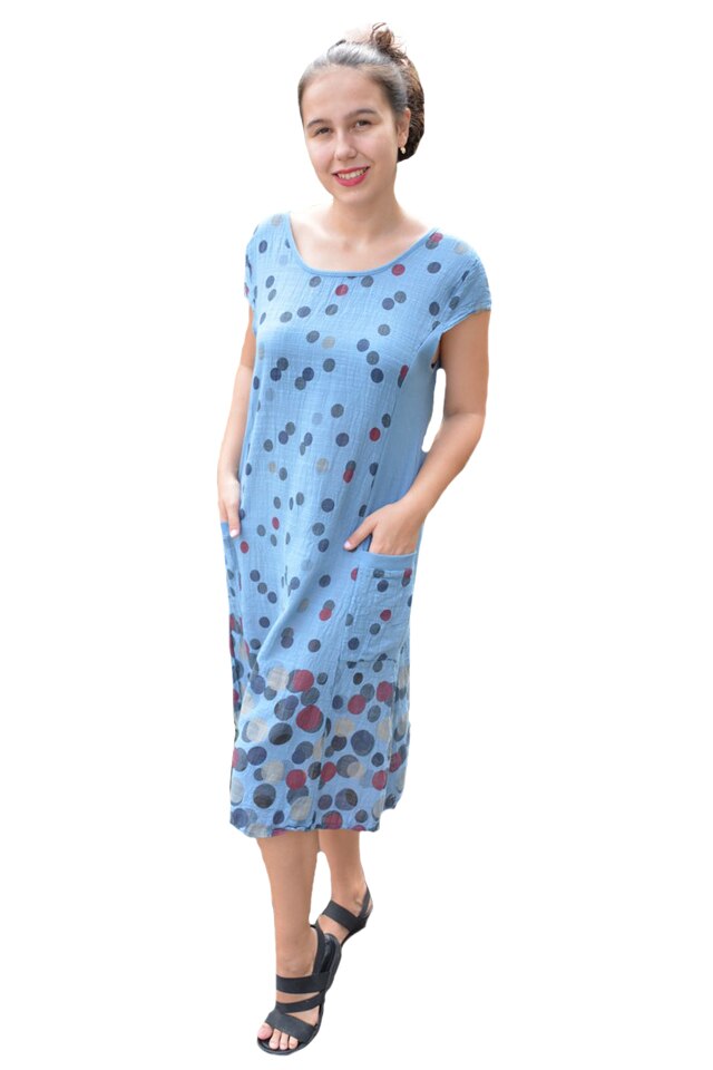 Rochie Gieda, din bumbac, imprimeu cu buline, D&J Exclussive, Albastru