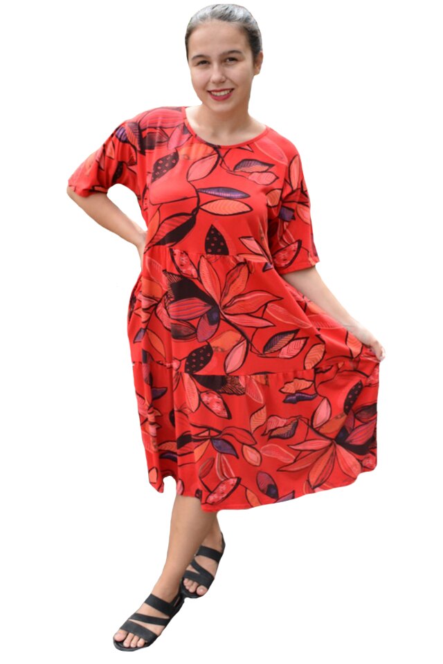 Rochie Nele, din bumbac, imprimeu autumn-leaf, D&J Exclussive, rosu, Rosu