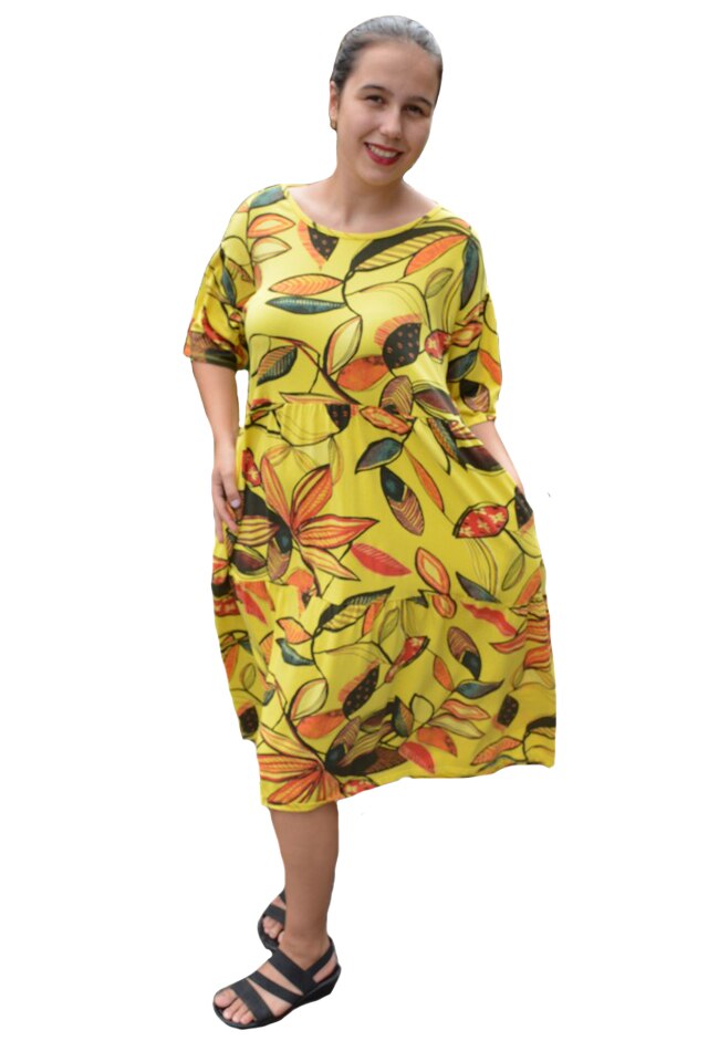 Rochie Nele, din bumbac, imprimeu autumn-leaf, D&J Exclussive, galben, Galben