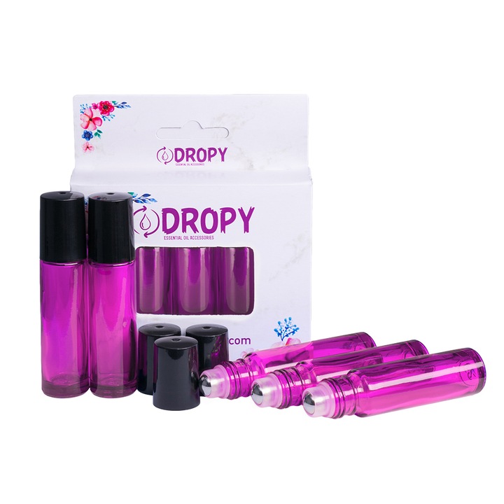 DROPY roll-on kozmetikai tartály készlet, 5 db, 10 ml, illóolajokhoz, vastag üveg, rózsaszín