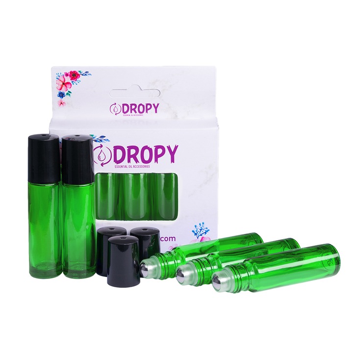 5db roll-on üveg kozmetikai tartály készlet 10 ml DROPY®, illóolajokhoz, vastag üveg, zöld