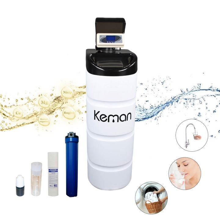 Dedurizator apa KEMAN- TKS 30L, 5-10 persoane, regenerare volumetrica, indicatori inteligenti, solutie anticalcar pentru intreaga casa, reduce duritatea de la 40°dH, Ima Concept® aparat dedurizator apa compact, 108x49x32cm, Alb
