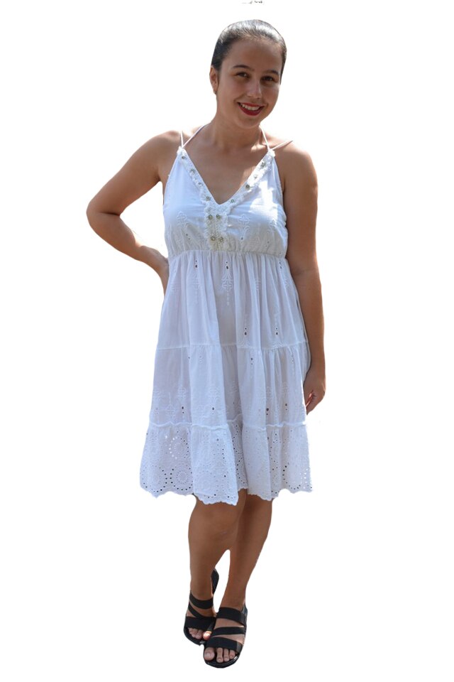 Rochie de vara din bumbac, Emine model cu broderie in partea de jos,D&J Exclussive, Alb