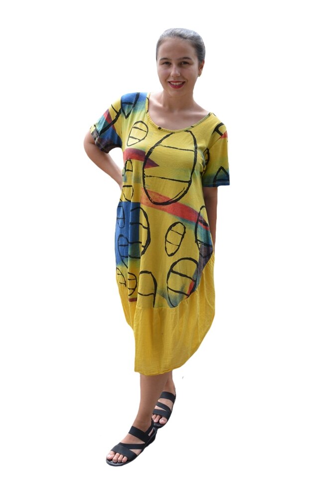 Rochie Agnette, din bumbac, imprimeu tip cercuri, D&J Exclussive, Galben