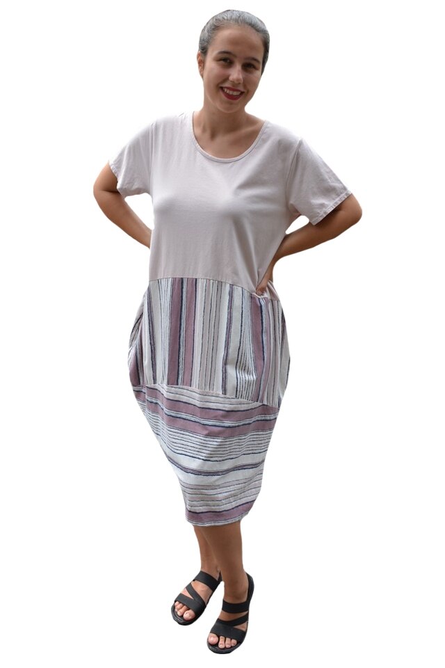 Rochie Martina, din bumbac, imprimeu dungi, D&J Exclussive, pudra, 58 EU, pudra