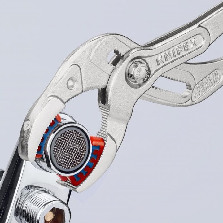 Knipex szifonfogó, ergonomikus markolattal, méretek 250x60x17mm, 10-75mm átmérőhöz, cserélhető fejekkel
