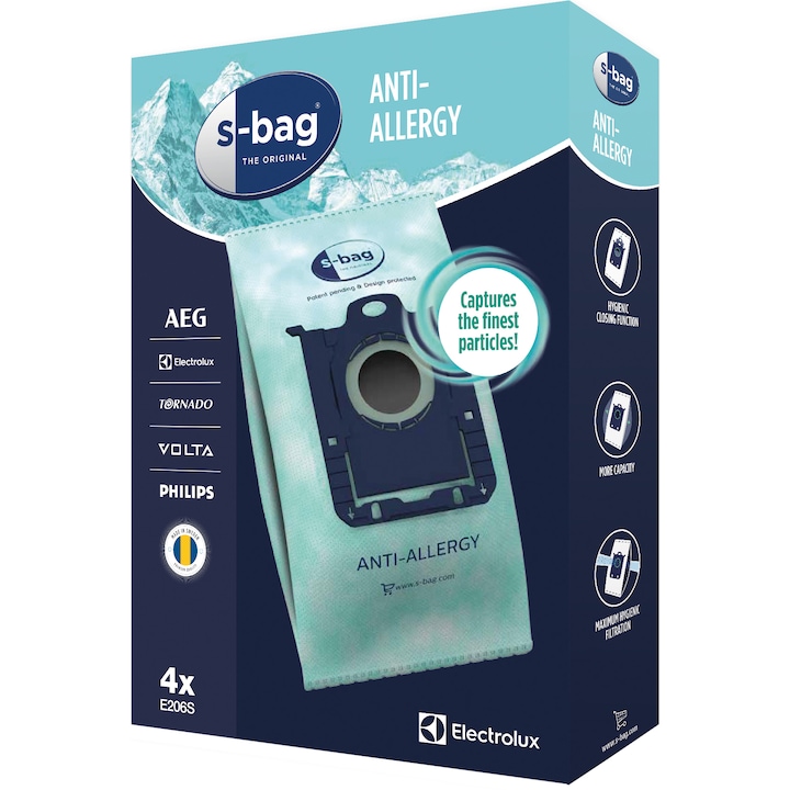 Electrolux E206S s-bag® Anti-Allergy szintetikus tasakkészlet, ideális szűrés (min. 1 mikron) por, pollen, poratka, állati szőr és hám ellen - 4 zacskó