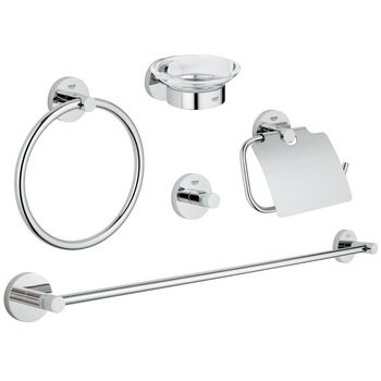 Set complet 5 in 1 accesorii de baie Grohe Essentials, bara prosop 600 mm, fixare perete ascunsa, Crom Set complet 5 in 1 accesorii de baie Grohe Essentials, bara prosop 600 mm, fixare perete ascunsa, Crom