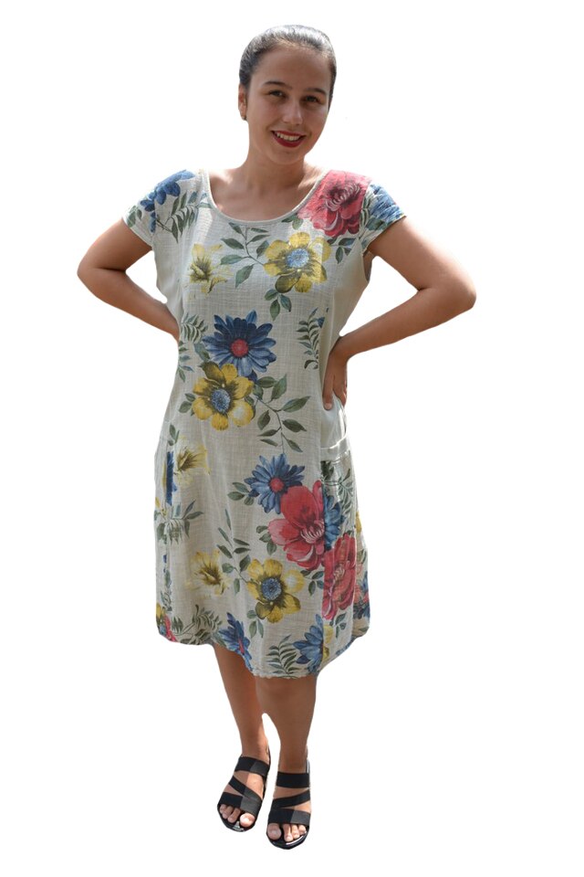 Rochie Merle, din bumbac, imprimeu cu flori, D&J Exclussive, Bej