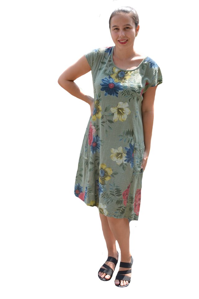 Rochie Merle, din bumbac, imprimeu cu flori, D&J Exclussive, Kaki