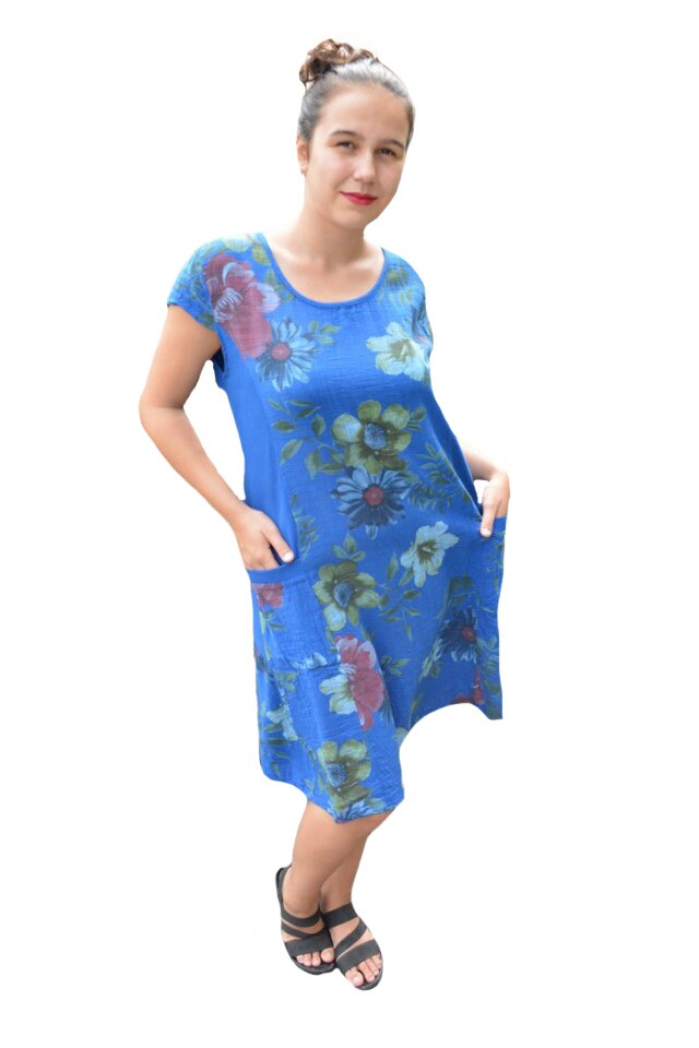 Rochie Merle, din bumbac, imprimeu cu flori, D&J Exclussive, Albastru marin