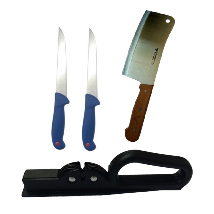 Pachet macelarie fomat din 2 Cutite profesionale cu maner de plastic anti-alunecare, Satar 39 cm maner din lemn si Ascutitoare pentru cutitele din metal BRT-051