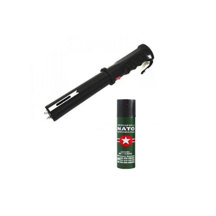 Electrosoc BRT-809 tip baston, sirena 128dB, lanterna led si Spray Nato 60 ml, husa inclusa