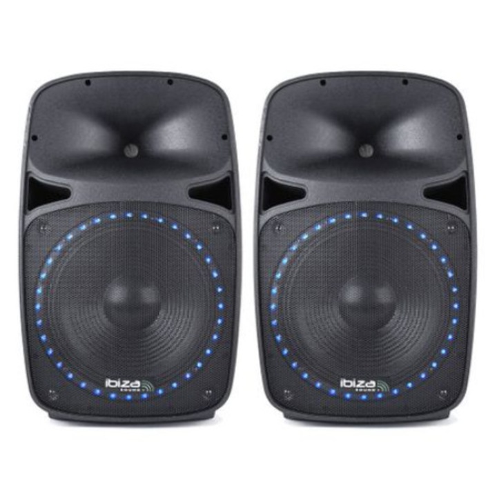 Set 2 boxe Audio Profesionale Ibiza Sounds, Conectivitate Bluetooth, Tuner FM, Port USB si SD Card MMC, Display Digital, Lumini LED, Microfon inclus, Culoare Negru