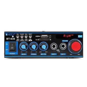 Amplificator Profesional Tip Statie 2 x 25 W Bluetooth , Telecomanda , USB , SD Card , Radio FM , 2 Intrari Microfon Amplificator Profesional Tip Statie 2 x 25 W Bluetooth , Telecomanda , USB , SD Card , Radio FM , 2 Intrari Microfon