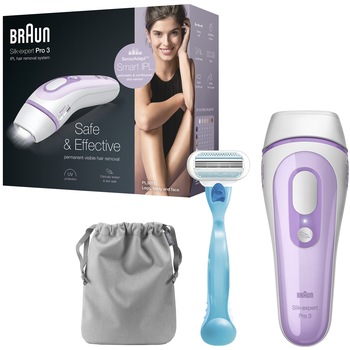 Epilator IPL Braun Silk-Expert PRO 3 PL3011, SensoAdapt™, 300.000 impulsuri, 3 niveluri de intensitate, aparat de ras Venus, Saculet de calatorie, Alb/Lila Epilator IPL Braun Silk-Expert PRO 3 PL3011, SensoAdapt™, 300.000 impulsuri, 3 niveluri de intensitate, aparat de ras Venus, Saculet de calatorie, Alb/Lila