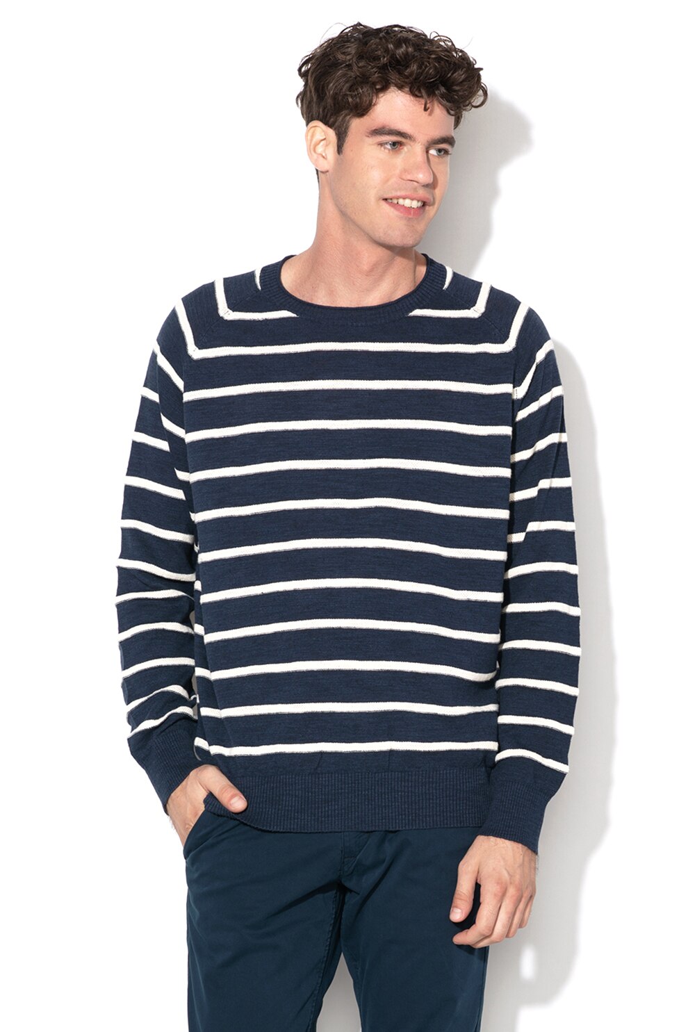 Timberland, Pulover regular fit din amestec de in, Bleumarin/Alb, 2XL