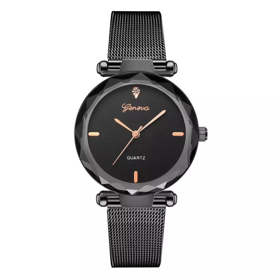 Ceas dama casual, elegant Quartz Geneva model Premium G191, curea metal, afisaj analog, negru
