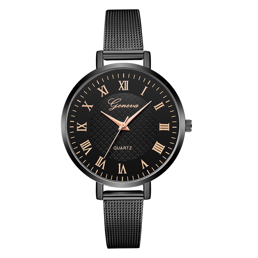 Ceas dama casual, elegant Quartz Geneva model Premium G34, curea metal, afisaj analog, negru