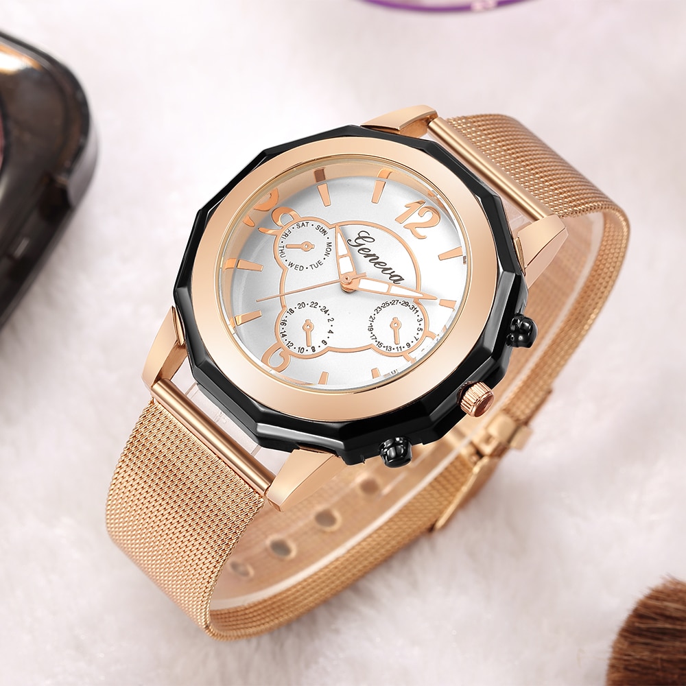 Ceas unisex casual, elegant Quartz Geneva model Premium G186, curea metal, afisaj analog, rose gold-alb