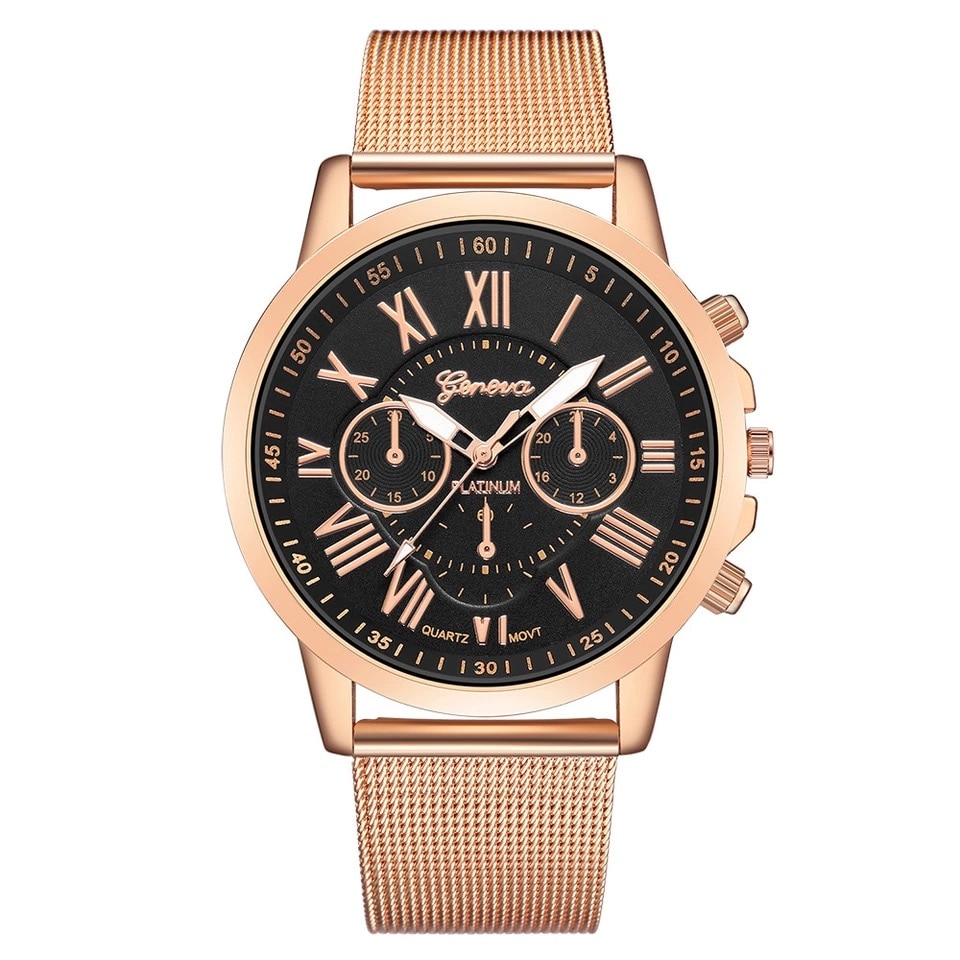 Ceas UNISEX casual, elegant Quartz Geneva Premium Model G46, curea metal, rose gold-negru