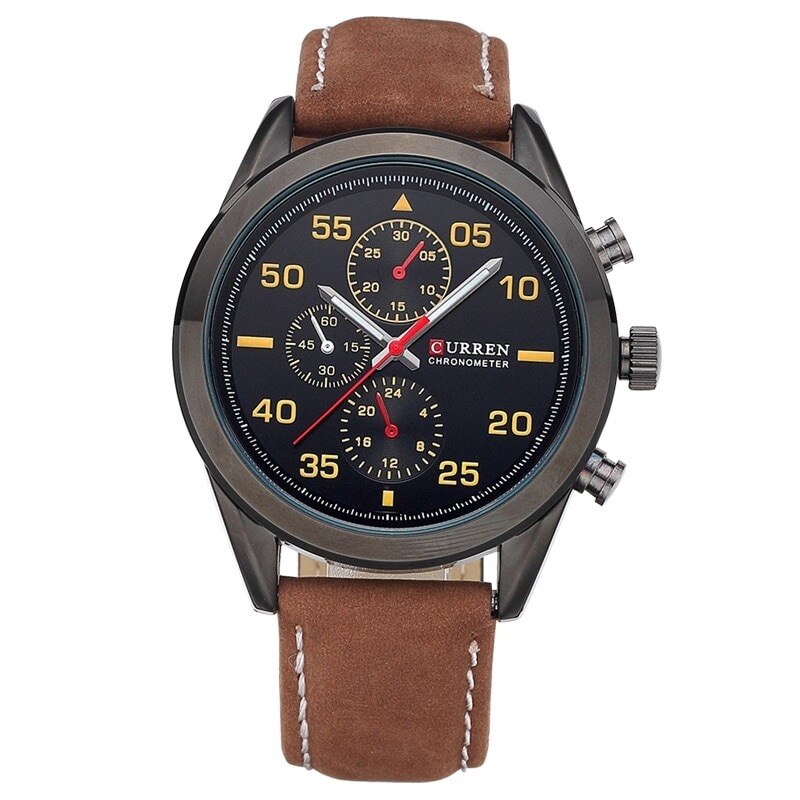 Ceas barbatesc PREMIUM casual, elegant Quartz Curren C62 maro-negru, curea piele, afisaj analog