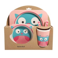 Set de masa hranire copii din fibra de bambus, FizioTab® Kids - Farfurie 2 compartimente, cana, bol, furculita si lingurita, serviciu de masa bebe, set tacamuri 5 piese, vesela mic dejun, pranz, cina, Bufnita